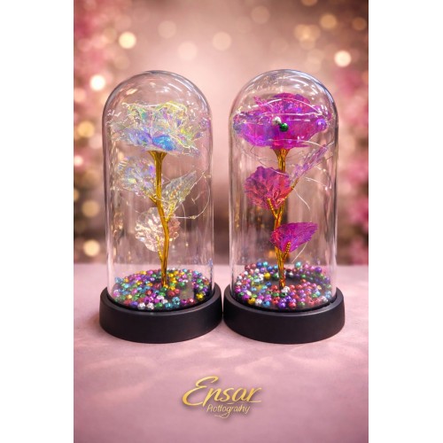 Büyük boy Cam fanus solmayan kristal gül 